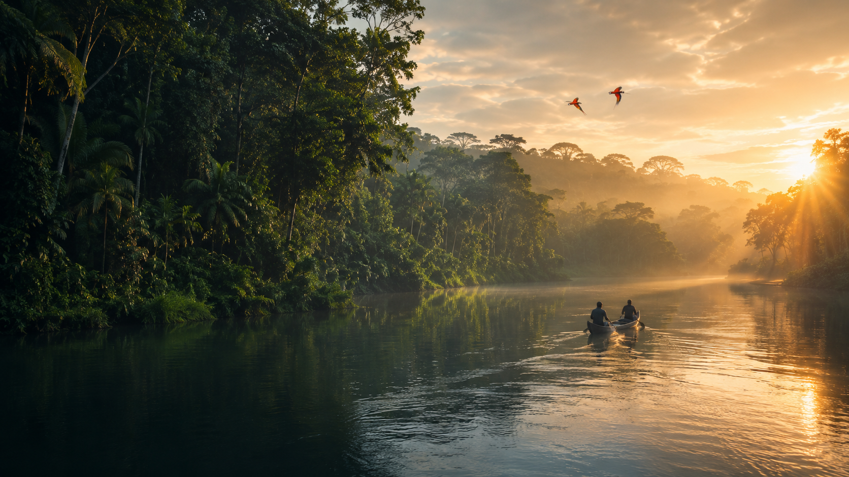 Rio cercado pela floresta amazônica ao nascer do sol